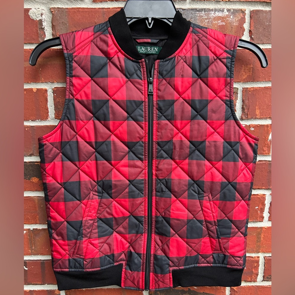 Lauren Ralph Lauren Buffalo Plaid Quilted Red Black Full Zip Small Vest Z5